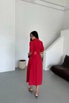 Kırmızı Midi Yarım Kol Kemerli Lucy Elbise