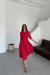 Kırmızı Midi Yarım Kol Kemerli Lucy Elbise