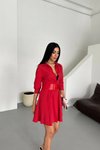 Kırmızı Mini Yarım Kol Kemerli Elbise
