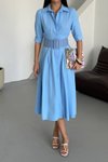 Mavi Yarım Kol Midi Lucy Kemerli Elbise