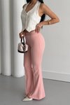 Pudra İspanyol Paça Beli Lastikli Çimalı Pantolon