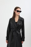 Siyah Deri Bel Bağlamalı Trençkot