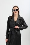 Siyah Deri Bel Bağlamalı Trençkot