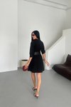 Siyah Midi Yarım Kol Kemerli Elbise