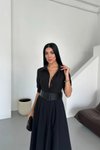 Siyah Midi Yarım Kol Kemerli Lucy Elbise