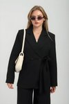 Siyah Oversize Düğmeli Bağlamalı Kruvaze Ceket