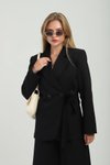Siyah Oversize Düğmeli Bağlamalı Kruvaze Ceket