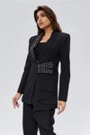 Siyah Özel Tasarım Fırfır Kuşak Detaylı Taş İşlemeli Ceket