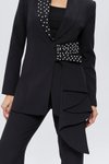 Siyah Özel Tasarım Fırfır Kuşak Detaylı Taş İşlemeli Ceket