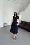 Siyah Yazlık Midi Kemerli Kaşkorse Elbise