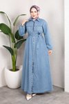 Açık Mavi Gömlek Yaka Kemerli Denim Tesettür Elbise