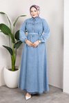 Açık Mavi Kemerli Düğmeli Kot Tesettür Elbise