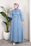 Açık Mavi Kemerli Düğmeli Kot Tesettür Elbise