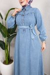 Açık Mavi Kemerli Düğmeli Kot Tesettür Elbise