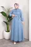 Açık Mavi Kemerli Düğmeli Kot Tesettür Elbise
