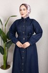Koyu Mavi Gömlek Yaka Kemerli Denim Tesettür Takım