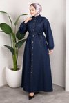 Koyu Mavi Gömlek Yaka Kemerli Denim Tesettür Takım