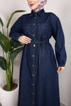 Koyu Mavi Gömlek Yaka Kemerli Denim Tesettür Takım