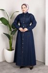 Koyu Mavi Gömlek Yaka Kemerli Denim Tesettür Takım
