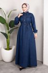 Koyu Mavi Kemerli Düğmeli Kot Tesettür Elbise