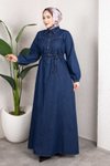 Koyu Mavi Kemerli Düğmeli Kot Tesettür Elbise