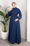Koyu Mavi Kemerli Düğmeli Kot Tesettür Elbise