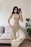 Bej Halter Yaka Crop Pantolon Ters Dikişli İkili Takım