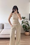 Bej Halter Yaka Crop Pantolon Ters Dikişli İkili Takım