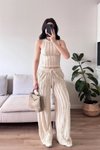 Bej Halter Yaka Crop Pantolon Ters Dikişli İkili Takım