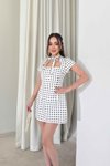 Beyaz Puantiye Desenli Mini Fular Detaylı Elbise