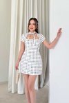 Beyaz Puantiye Desenli Mini Fular Detaylı Elbise
