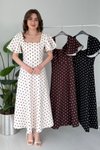 Beyaz Puantiyeli Midi Volan Kollu Elbise