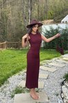 Bordo Gofre Uzun Drape Detaylı Elbise
