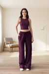 Cropped Halter Neck Reverse Stitch Pants Set - Burgundy