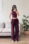 Bordo Halter Yaka Ters Dikiş Crop Pantolon Takım
