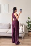 Bordo Halter Yaka Ters Dikiş Crop Pantolon Takım