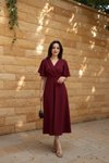 Bordo Midi Kruvaze Yaka Eteği Volanlı Elbise