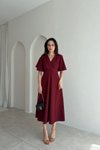 Bordo Midi Kruvaze Yaka Eteği Volanlı Elbise