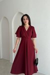 Bordo Midi Kruvaze Yaka Eteği Volanlı Elbise
