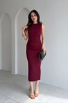 Bordo Midi Sıfır Kol Krep Drapeli Arkası Yırtmaçlı Elbise