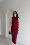 Bordo Midi Sıfır Kol Krep Drapeli Arkası Yırtmaçlı Elbise