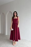Bordo Midi Sırt Dekolteli Askılı Kare Yaka Elbise