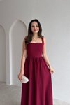 Bordo Midi Sırt Dekolteli Askılı Kare Yaka Elbise