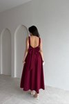 Bordo Midi Sırt Dekolteli Askılı Kare Yaka Elbise