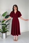 Bordo Midi Volanlı Kruvaze Yaka Elbise