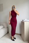 Bordo Uzun Sıfır Kol Dik Yaka Sandy Drape Detay Yırtmaçlı Elbise