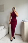 Bordo Uzun Sıfır Kol Dik Yaka Sandy Drape Detay Yırtmaçlı Elbise