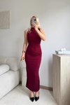 Bordo Uzun Sıfır Kol Dik Yaka Sandy Drape Detay Yırtmaçlı Elbise