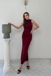 Bordo Uzun Sıfır Kol Sandy Drape Detaylı Yırtmaçlı Elbise