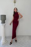 Bordo Uzun Sıfır Kol Sandy Drape Detaylı Yırtmaçlı Elbise